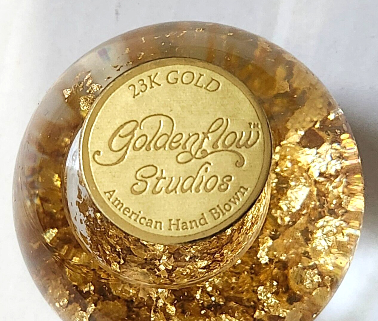 Vintage  Golden Flow Studios 23K Flake Gold Hand Blown Glass Snow Paperweight