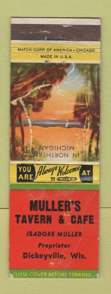 Matchbook Cover - Muller\'s Tavern Cafe Dickeyville WI WORN