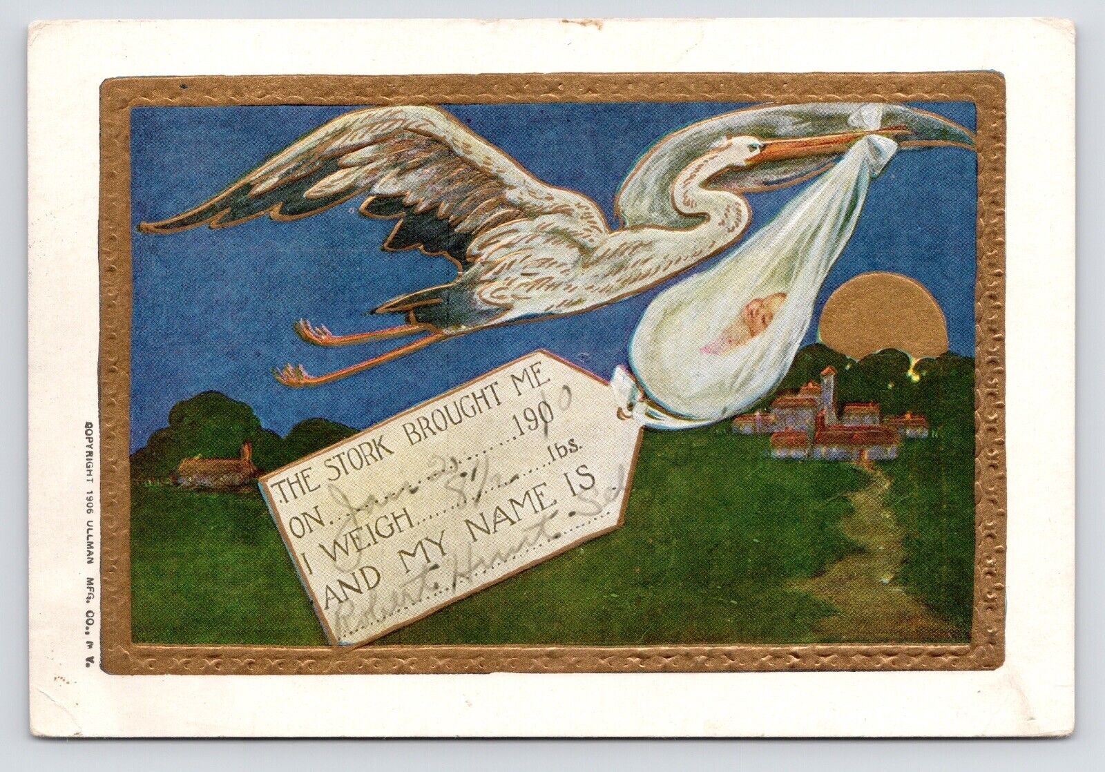 c1900s~Stork Flying over town~Delivery~Birth Announcement~Antique Art Postcard
