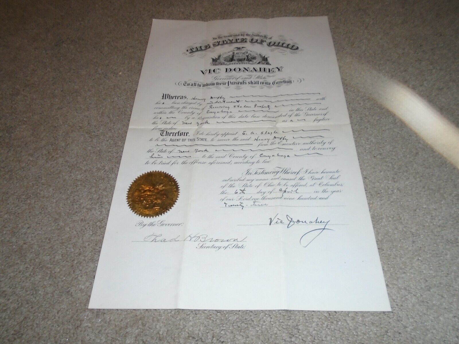 1923 Extradition Document Signed by Ohio Governor Vic Donahey