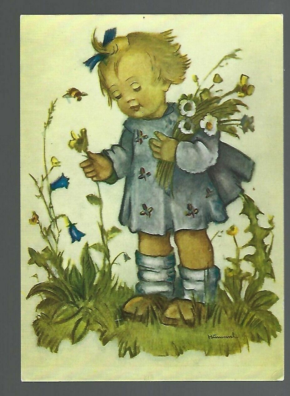 The Little Flower-Girl Little Girl Picking Daisies Blue Ribbon Signed Hummel CO7