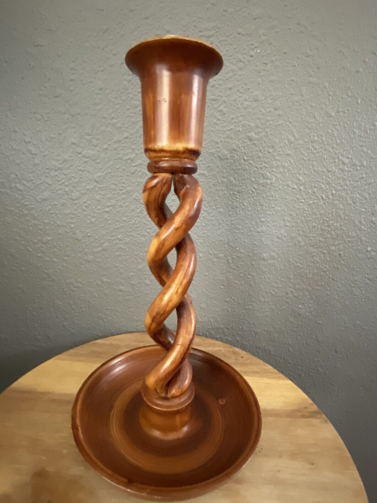 Vintage Twisted Wood Tone Plastic Candlestick Made in Italy Candle Holder