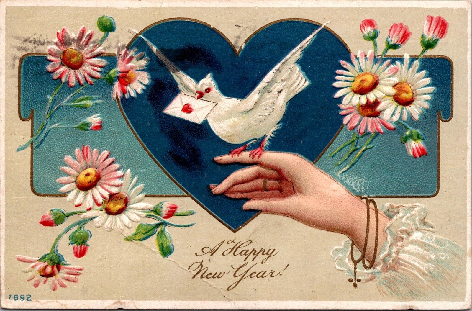 Happy New Year 1911, Embossed Flowers, Dove  hand Vintage Post Card a4
