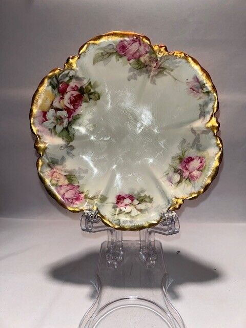 Antique CH Field Haviland GDA Scalloped Edge Floral Candy Dish w/ Gold Trim-GPSA