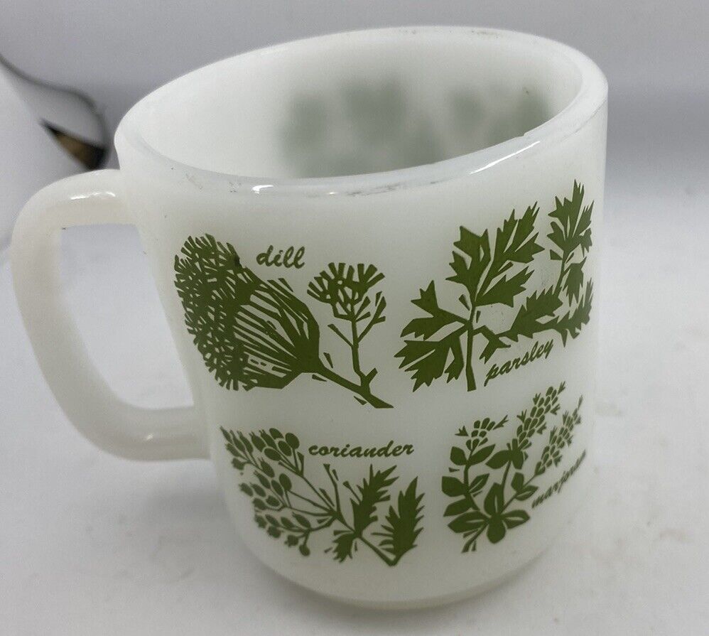 Glasbake Mug Herbs Plants Milk Glass White Green Stackable Coffee Cup Vintage