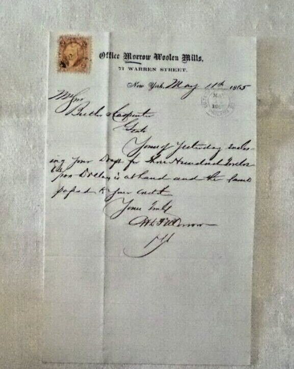 1865 Letter Morrow Woolen Mills Warren St. New York