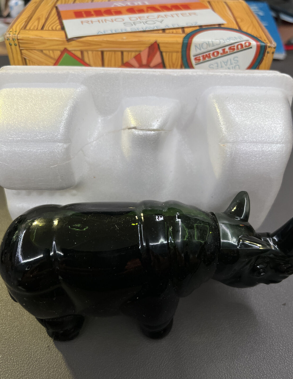 Vintage AVON Green Rhinoceros Spicy After Shave Bottle Full