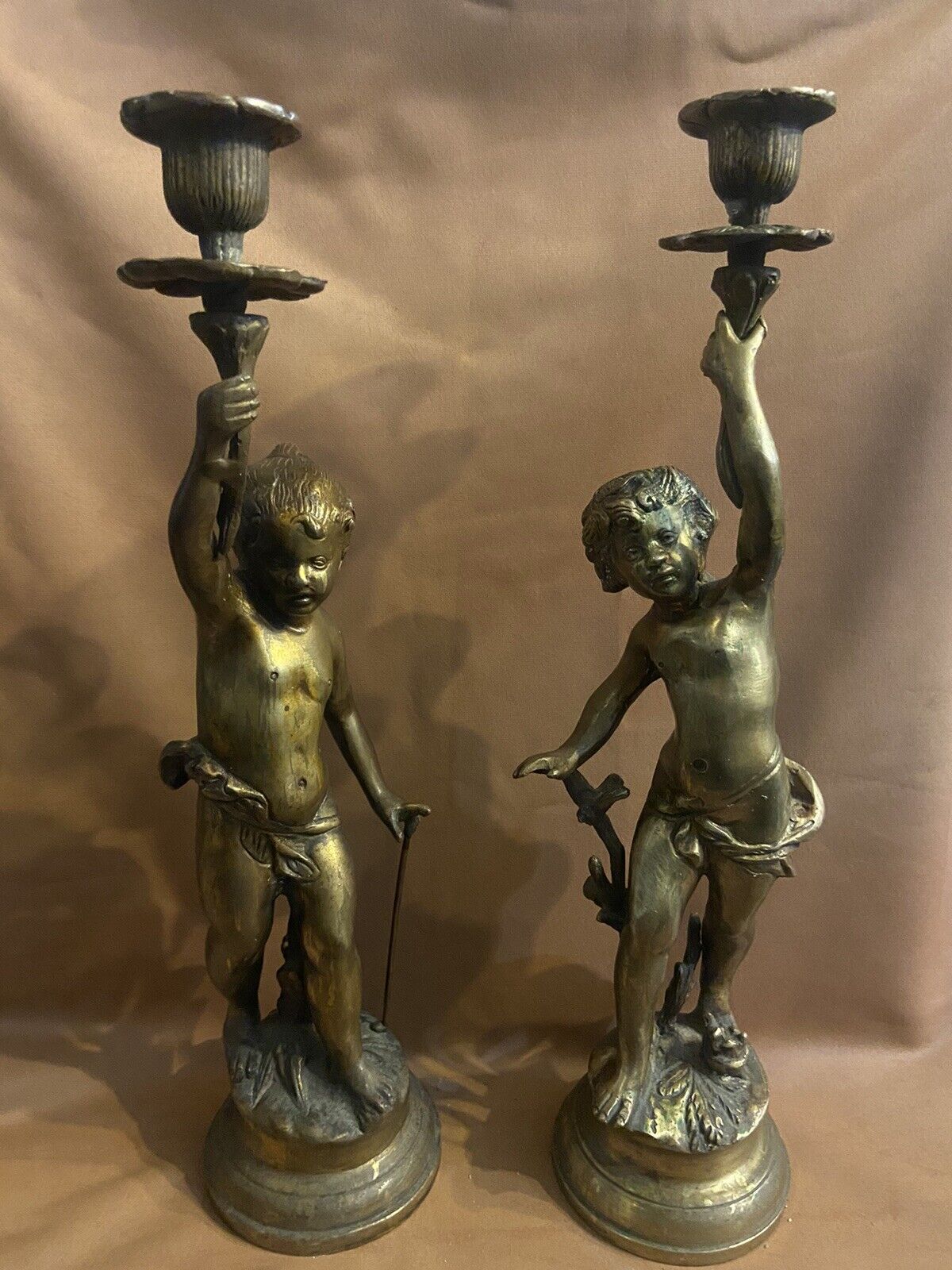 Antique 19th century pair of Bronze Cherubs Candlesticks Holders
