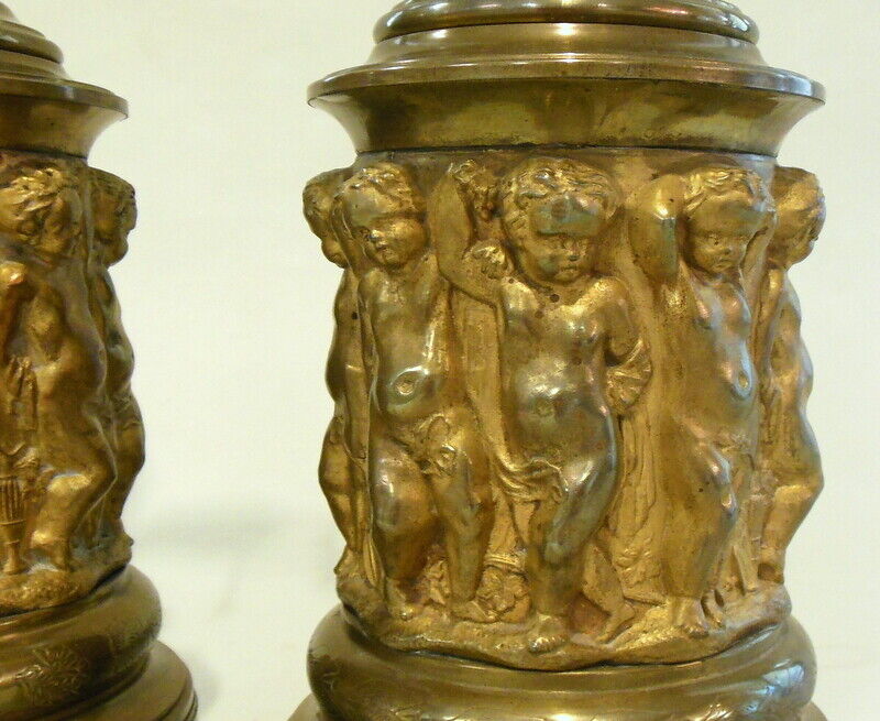 Superb Pr Antique CHERUB LAMPS French Brass Sculptural Repousse  Putti Wine