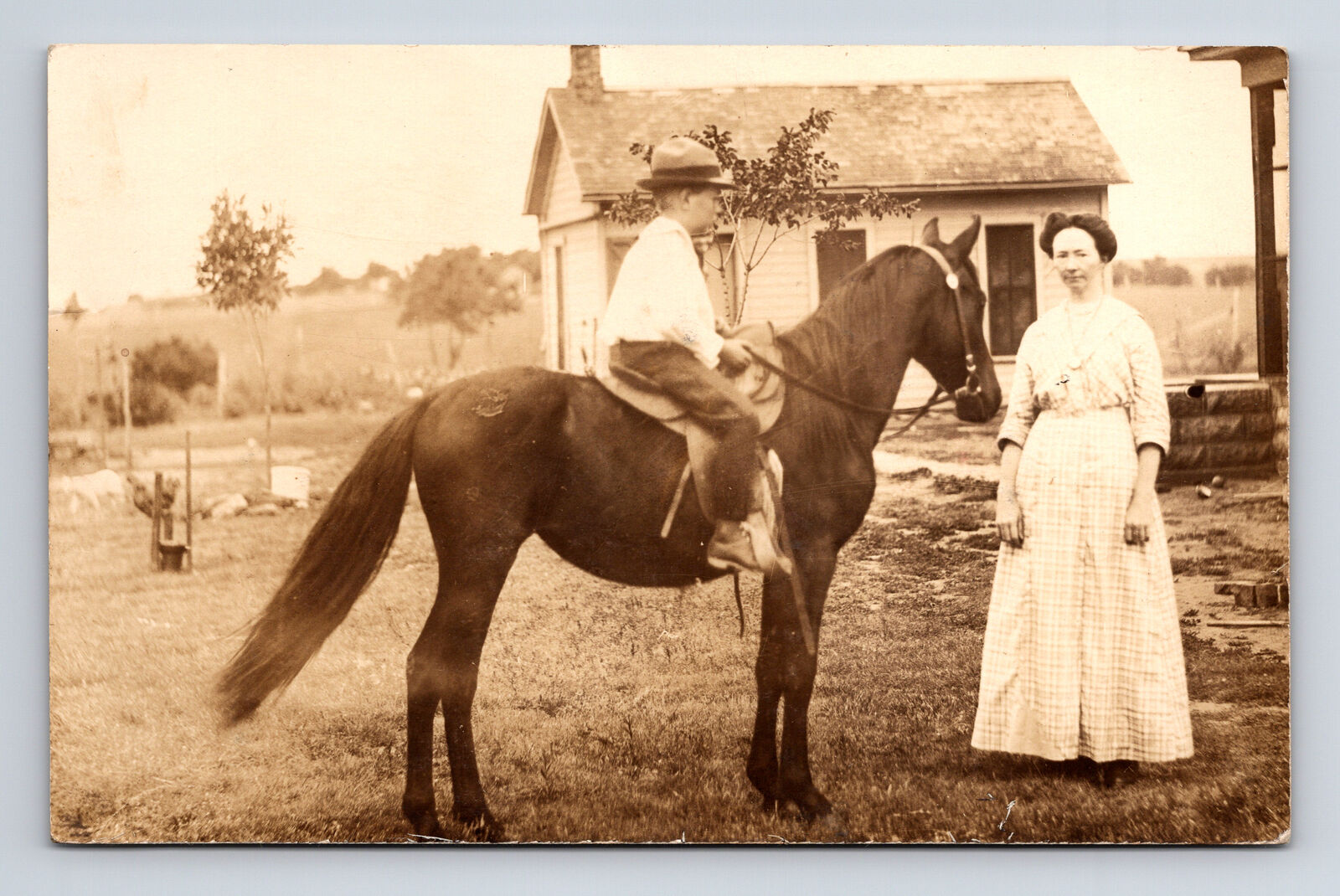 RPPC Mother & Young Boy Son on Small Horse Country Homestead Real Photo Postcard