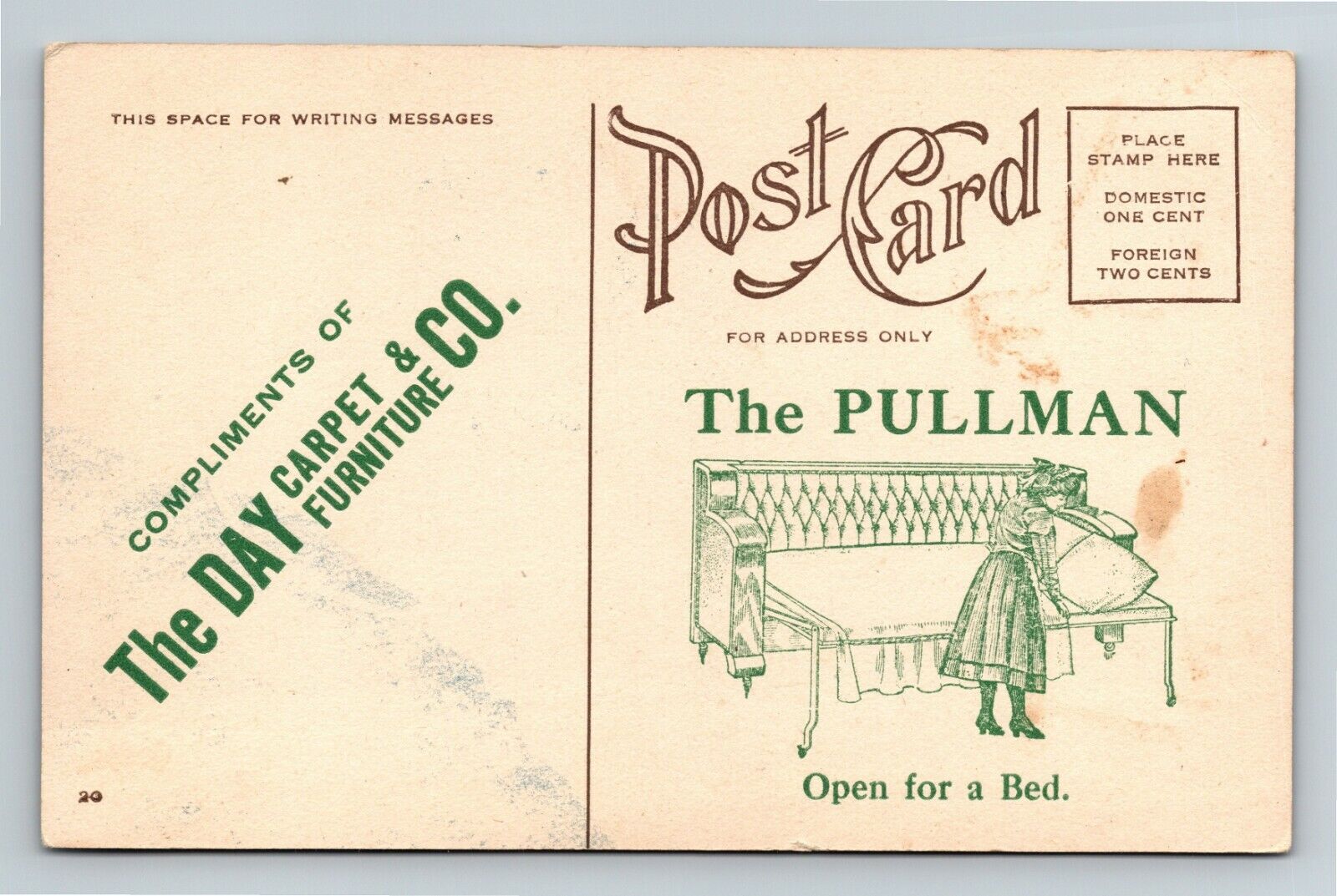 Advertising-The DAY CARPET FURNITURE Co. PULLMAN BED SOFA c1910 Vintage Postcard