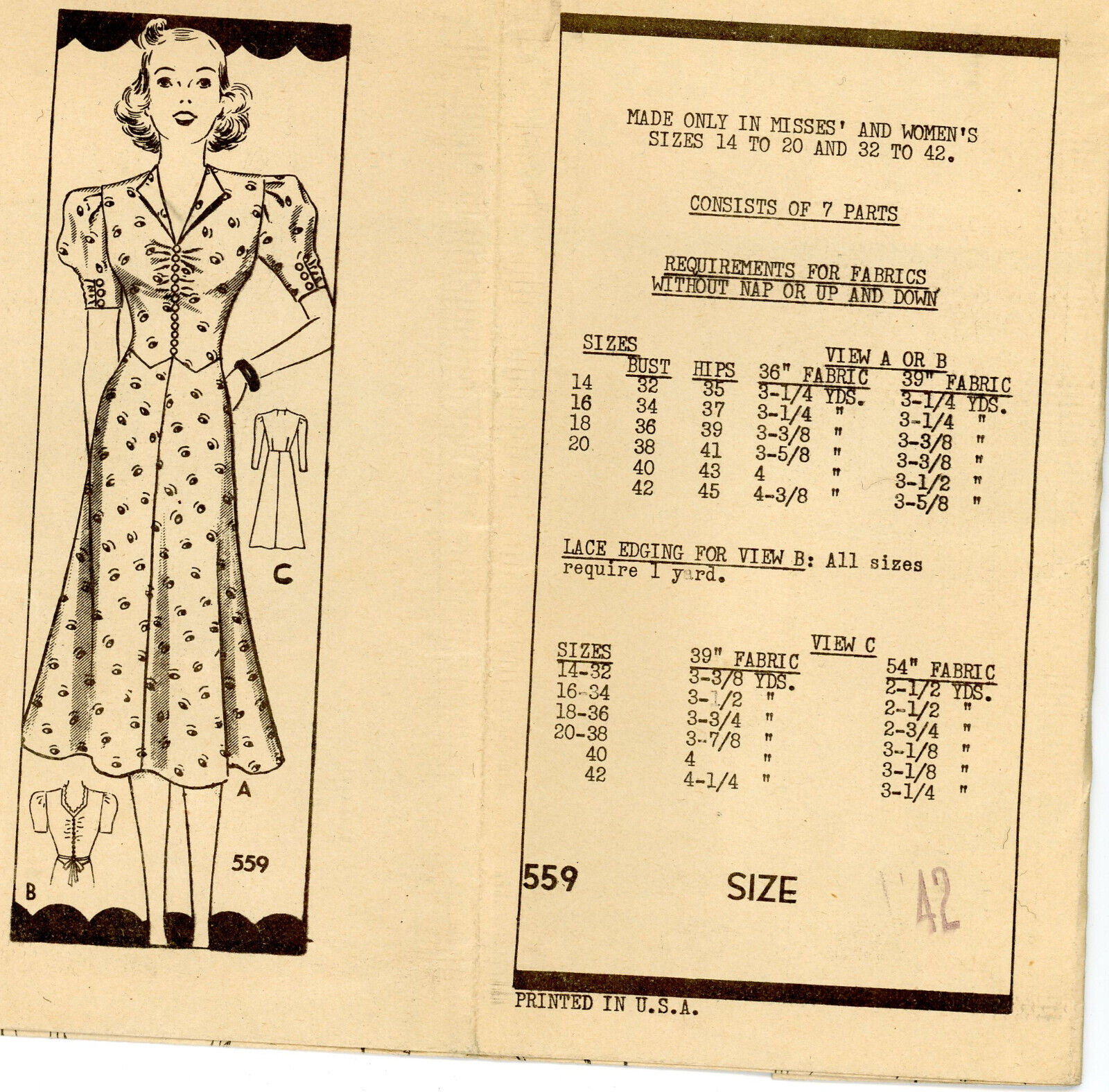 Vintage Anne Adams Dress Pattern 559 : Size 42  Complete Missing Envelope
