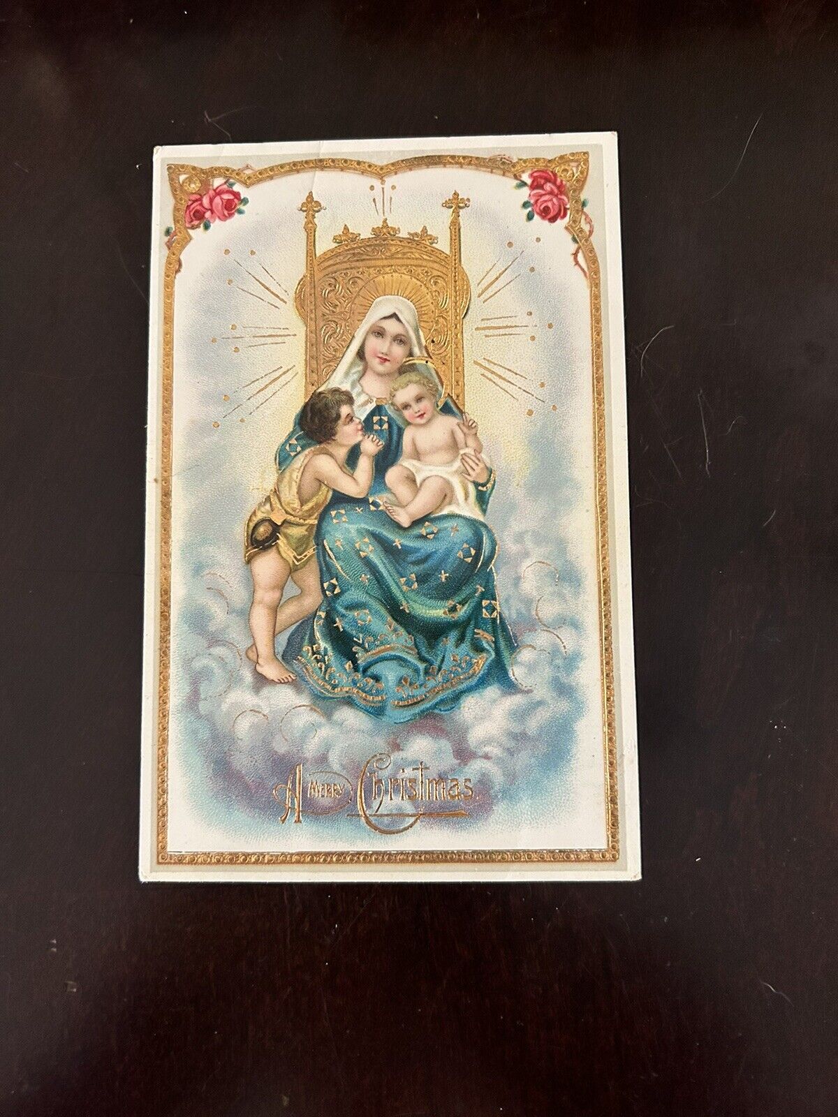 Merry Christmas Postcard Gel Virgin Mary, Infant & Shepherd Boy on Gold Throne