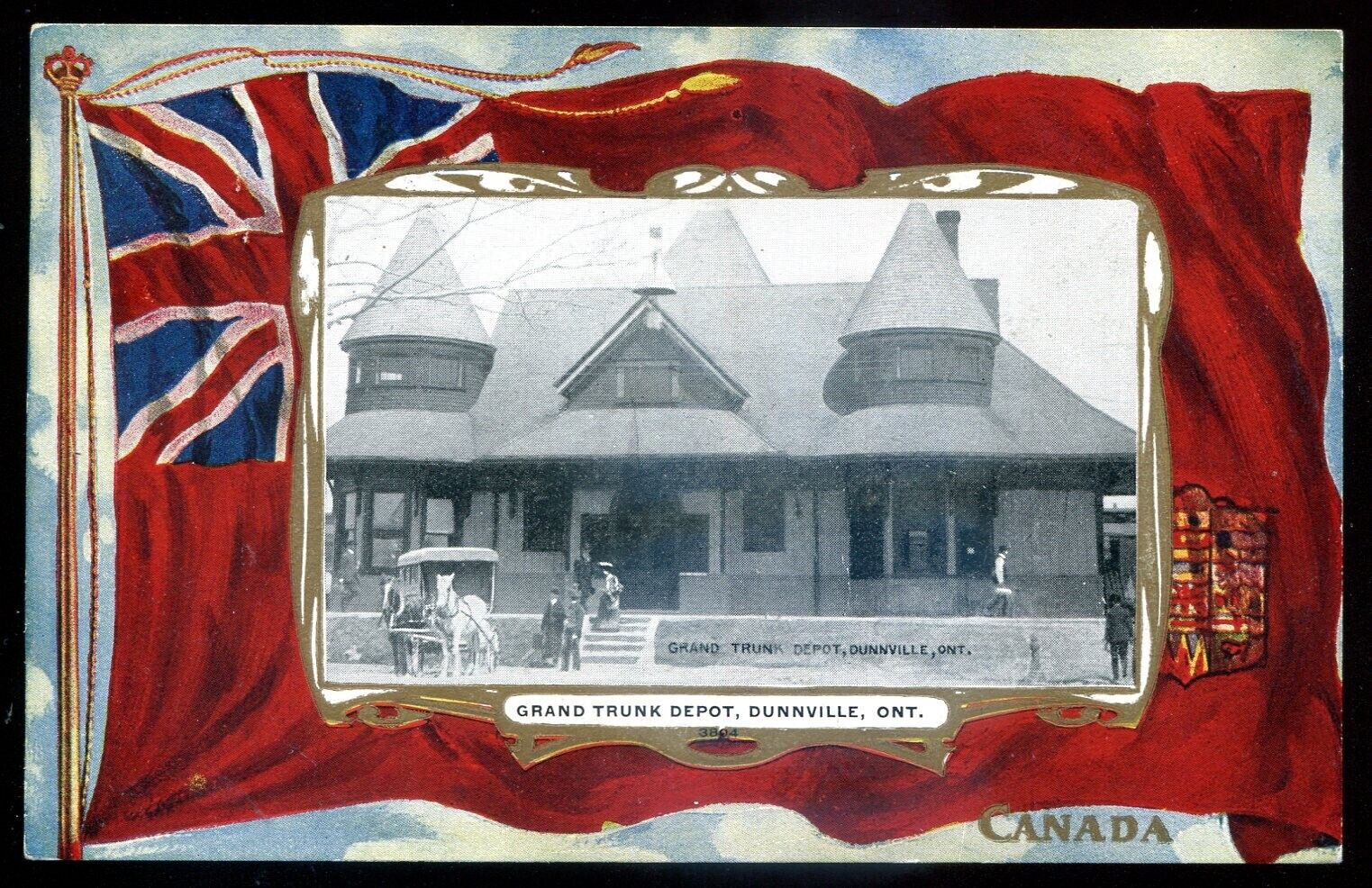DUNNVILLE Ontario Postcard 1908 GTR Train Station Patriotic Flag