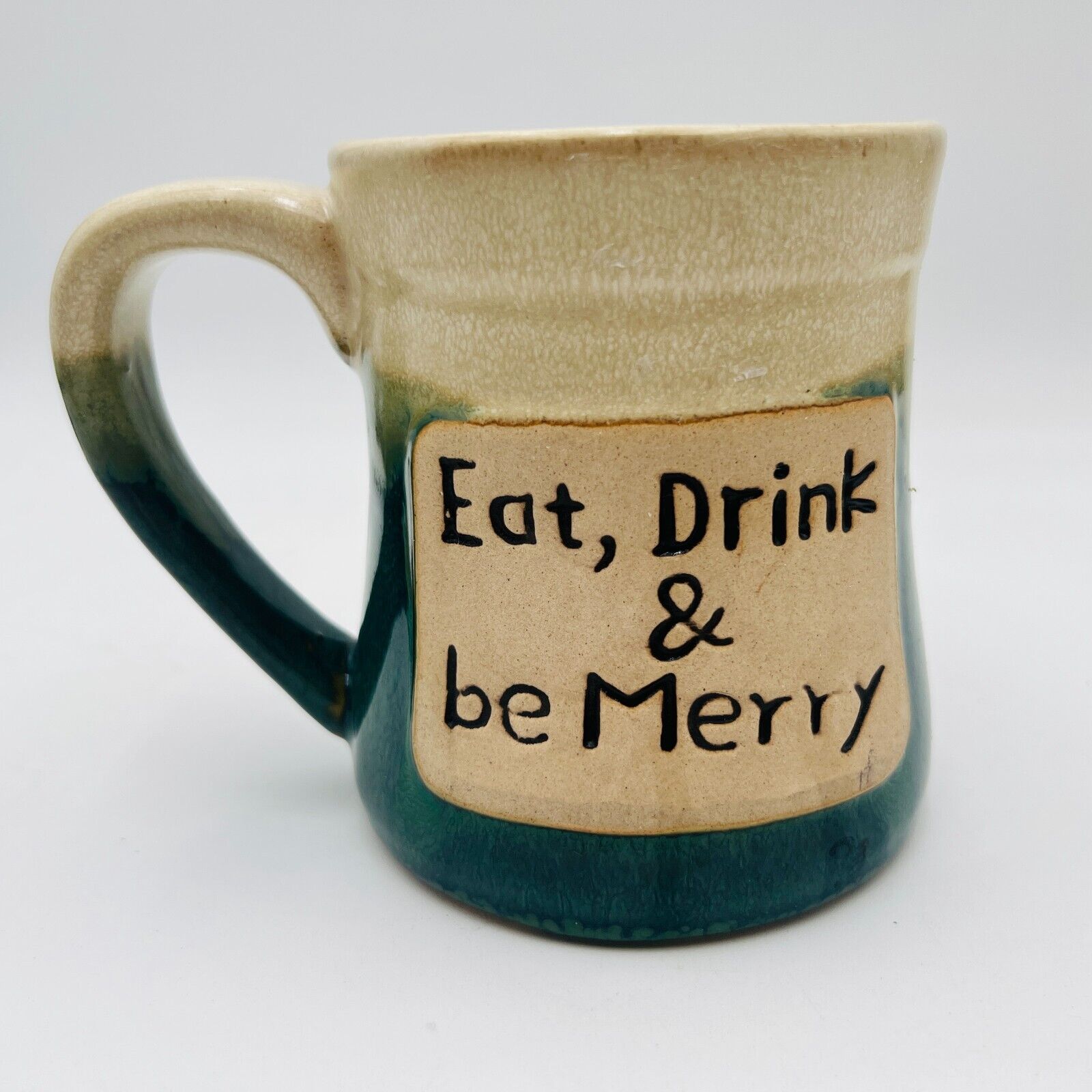EAT DRINK AND BE MERRY COFFEE MUG. RAISED IMAGE POTTERY Art Deco By ND Exclusive
