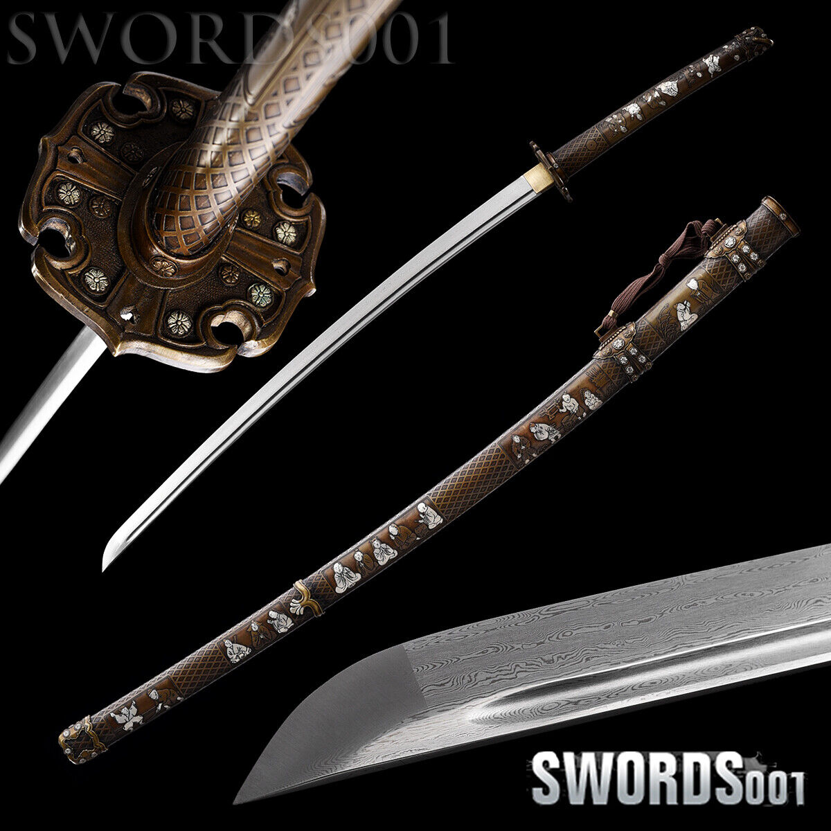 brass Japanese shogunate warrior Sword Samurai Katana damascus folded steel