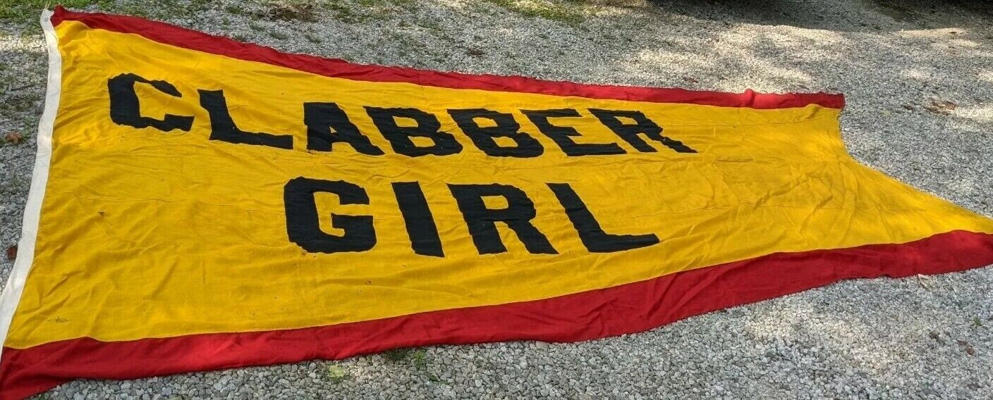 HUGE 15\' CLABBER GIRL ANTIQUE ANNIN BANNER FLAG SIGN TERRE HAUTE INDY 500 HULMAN