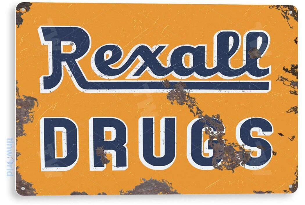 TIN SIGN Rexall Drugs Metal Décor Art Cottage Cabinet Kitchen Store Bar A738