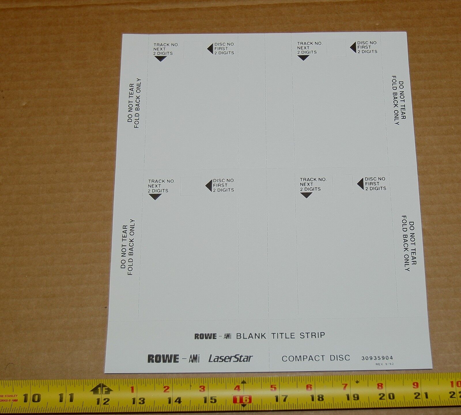Rowe AMI CD-100 jukebox blank title strip cards - full sheets, 25 x 4 = 100