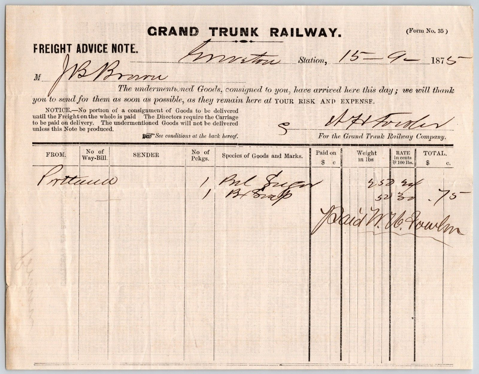 Grand Trunk Railway 1875 Freight Advice Note Receipt for Barrel Sugar & Box Soap
