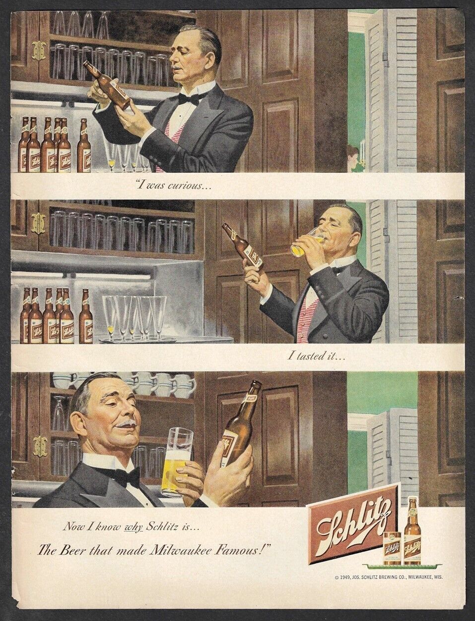 1949 SCHLITZ Butler Tasting Beer Print Ad \
