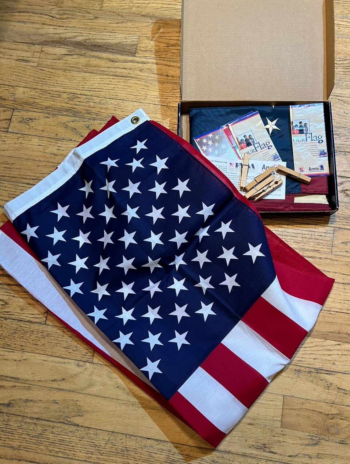 2- ANNIN & Co 1-40”x29” American Betsy Ross Tea Flag & 1- 50”x 30” American Flag