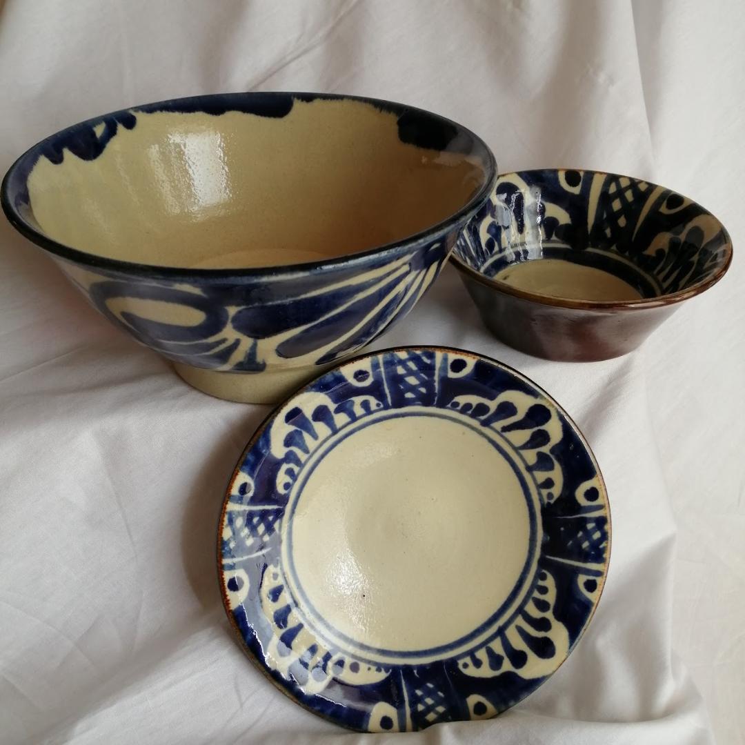 3 Cobalt Blue Ware Okinawa Yachimun Pottery Plate No Sato