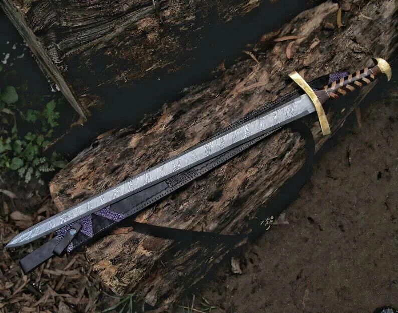 Custom Handmade Damascus Full Tang Beautifull Viking Sword With Leather Cover