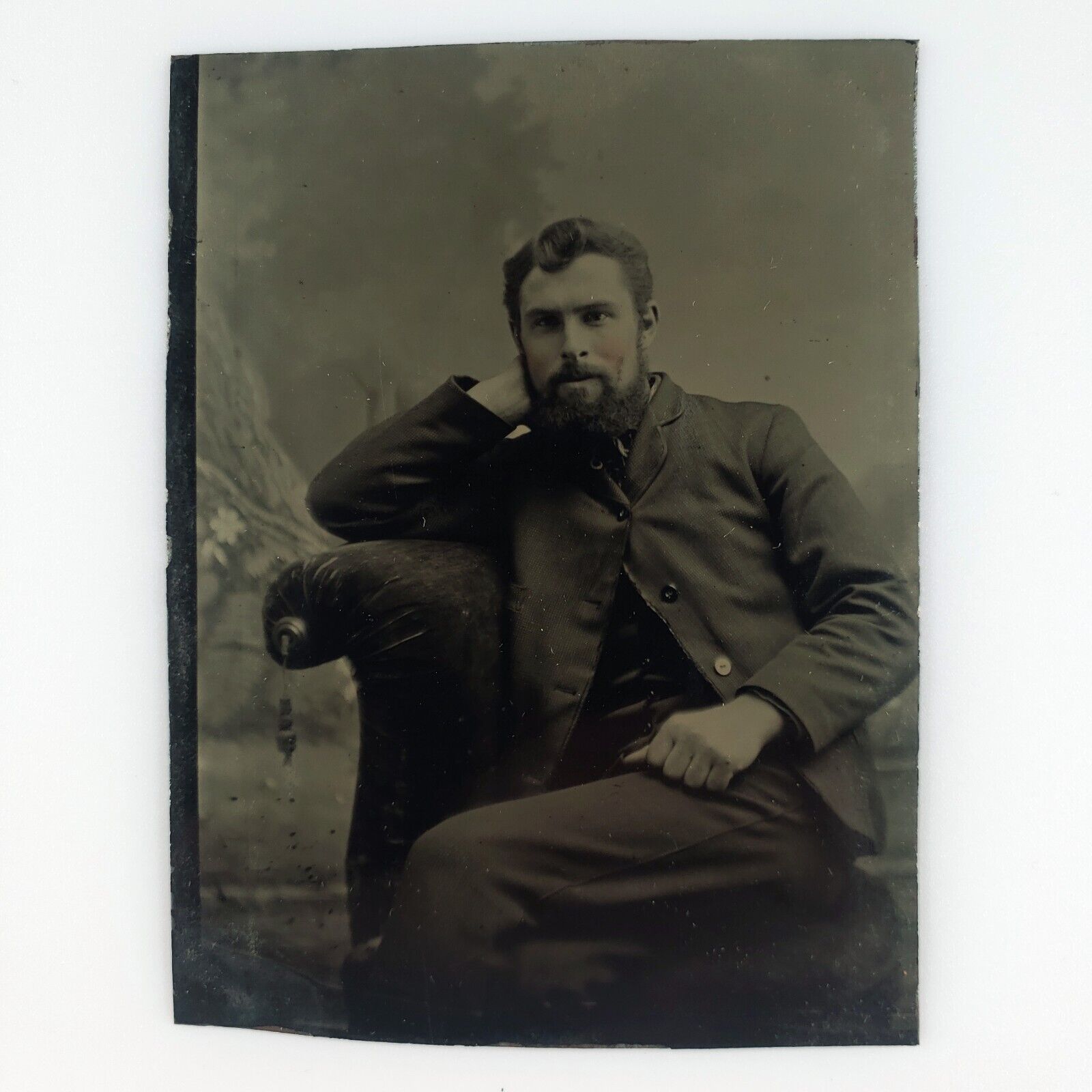 Casual Rested Bearded Man Tintype c1870 Antique 1/6 Plate Studio Photo A4053