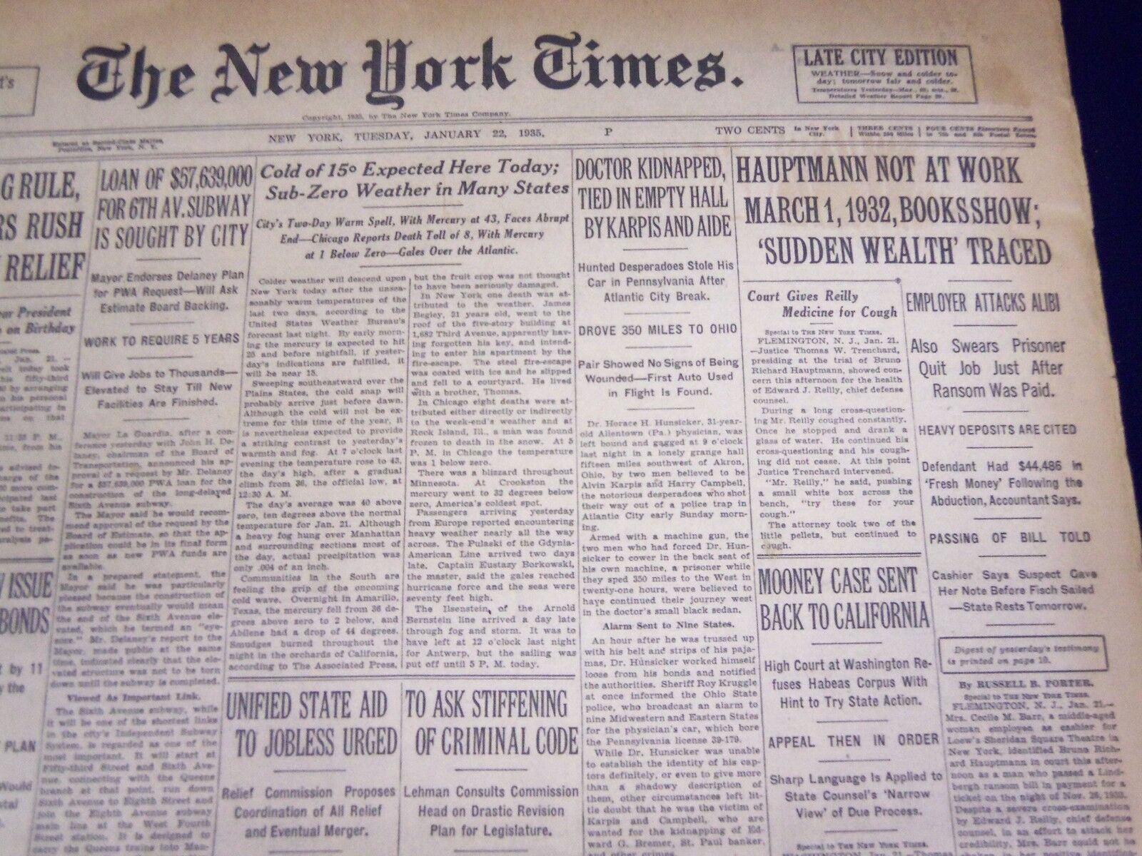1935 JANUARY 22 NEW YORK TIMES - HAUPTMANN NOT AT WORK MARCH 1 1932 - NT 3824