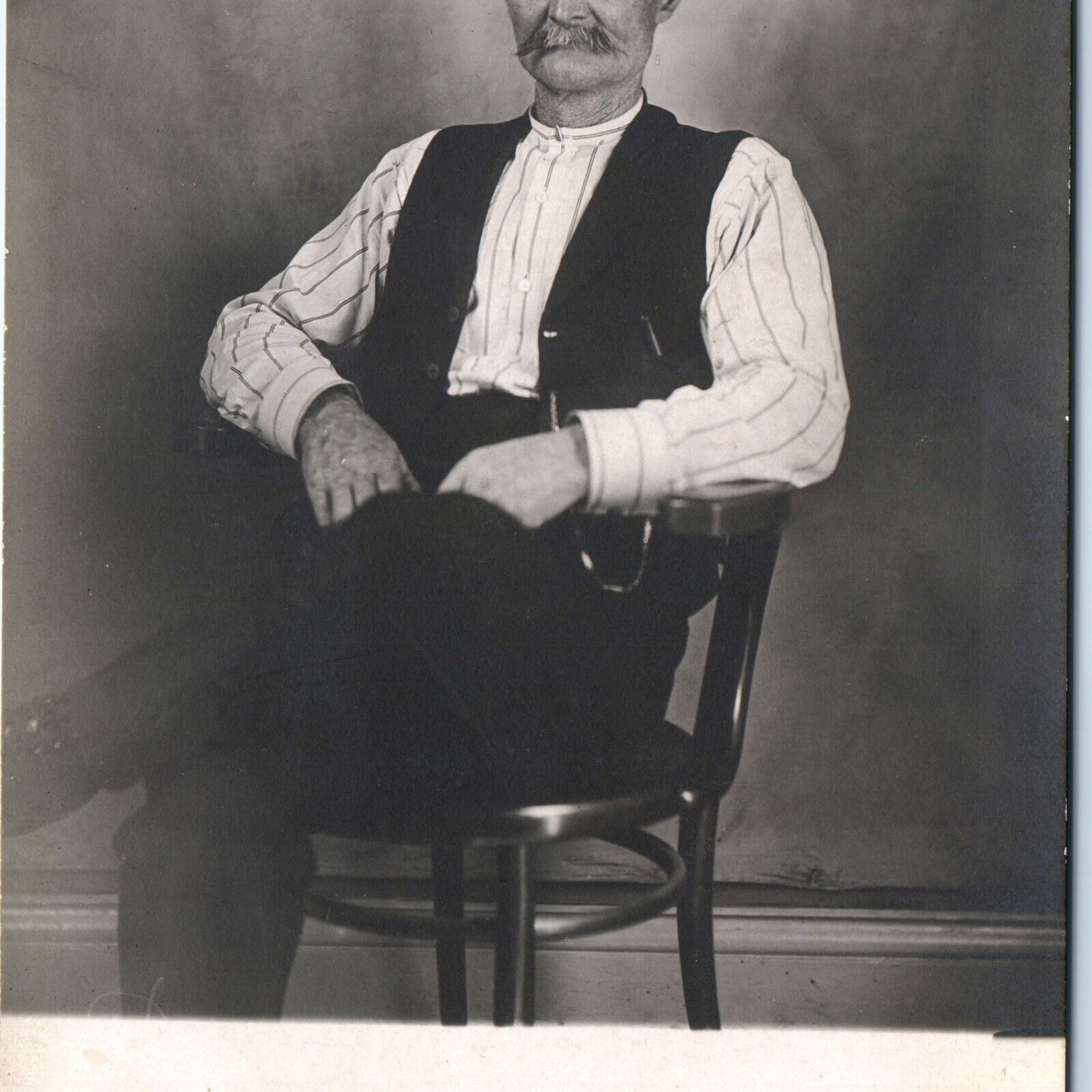c1910s Handsome Old Mustache Man RPPC Sitting Chair Real Photo Vest Funny A159
