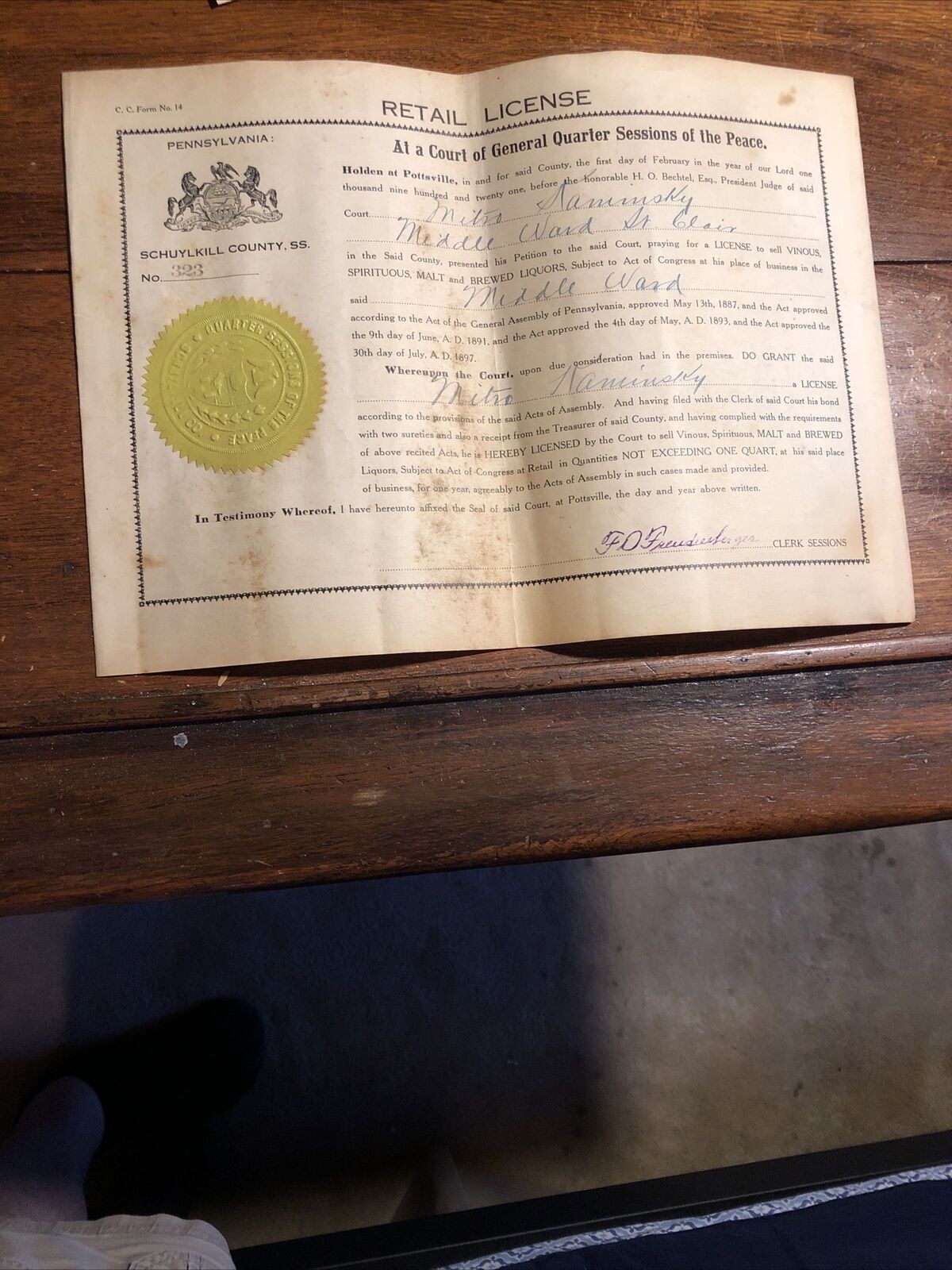 Rare 1921 Retail Liquor License Schuylkill County Pa Pennsylvania Embossed Seal