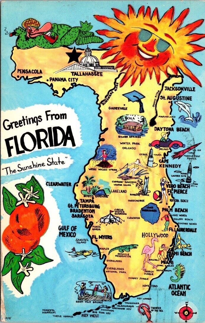 Miami FL Florida 1969 Greetings Map Landmarks Sunshine State Vintage Postcard