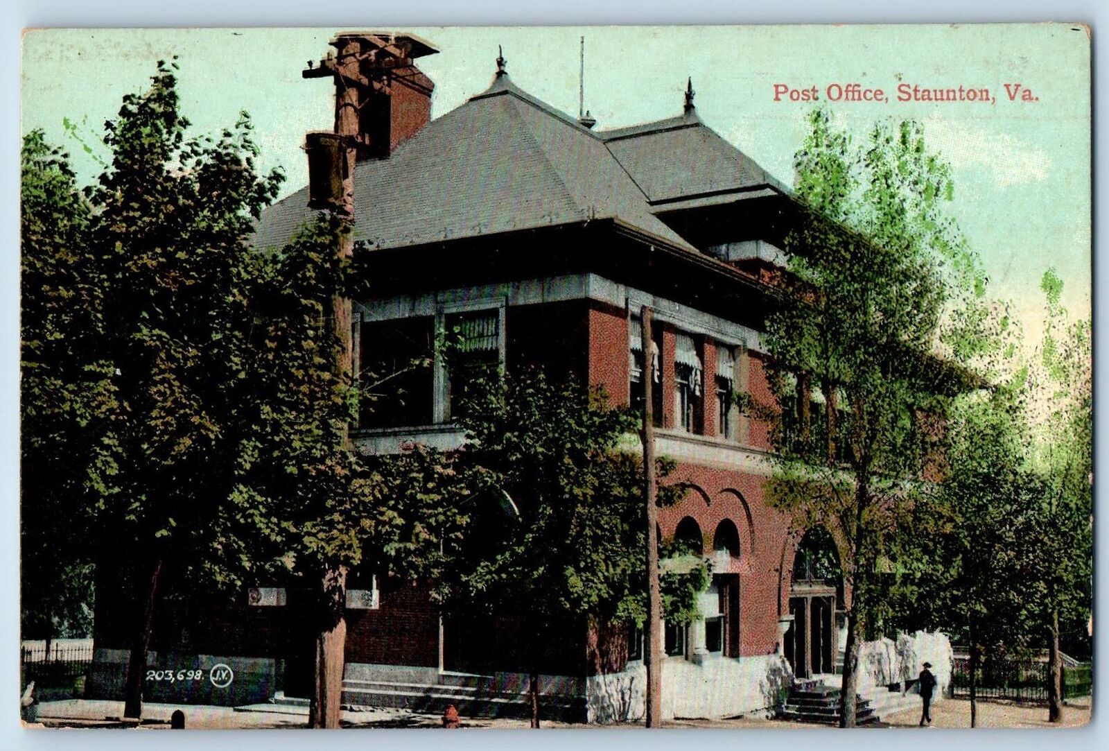 Staunton Virginia VA Postcard Post Office Building Exterior Scene c1920s Antique