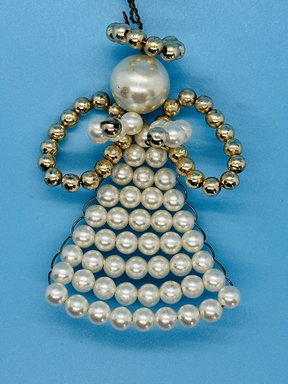 Vintage 1970s Handmade Pearl & Gold Beaded 3” Angel Ornament
