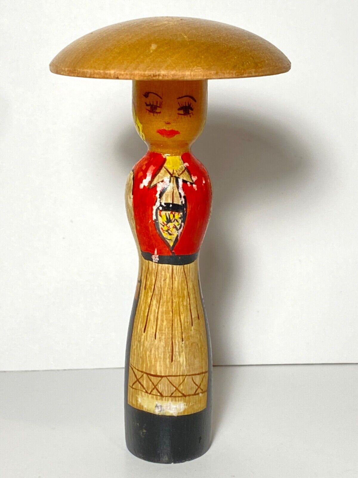 KOKESHI Japanese Doll vintage antique Japan Blonde Woman 5” Removable Hat wood