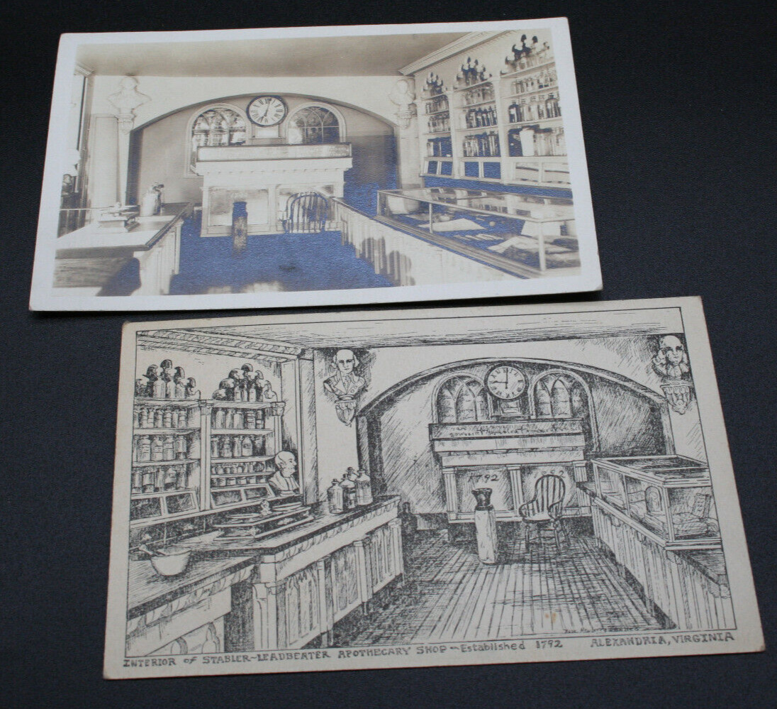 Vtg. Pair of Postcards, RPPC & Paper, of Stabler-Leadbeater Apothecary Shop