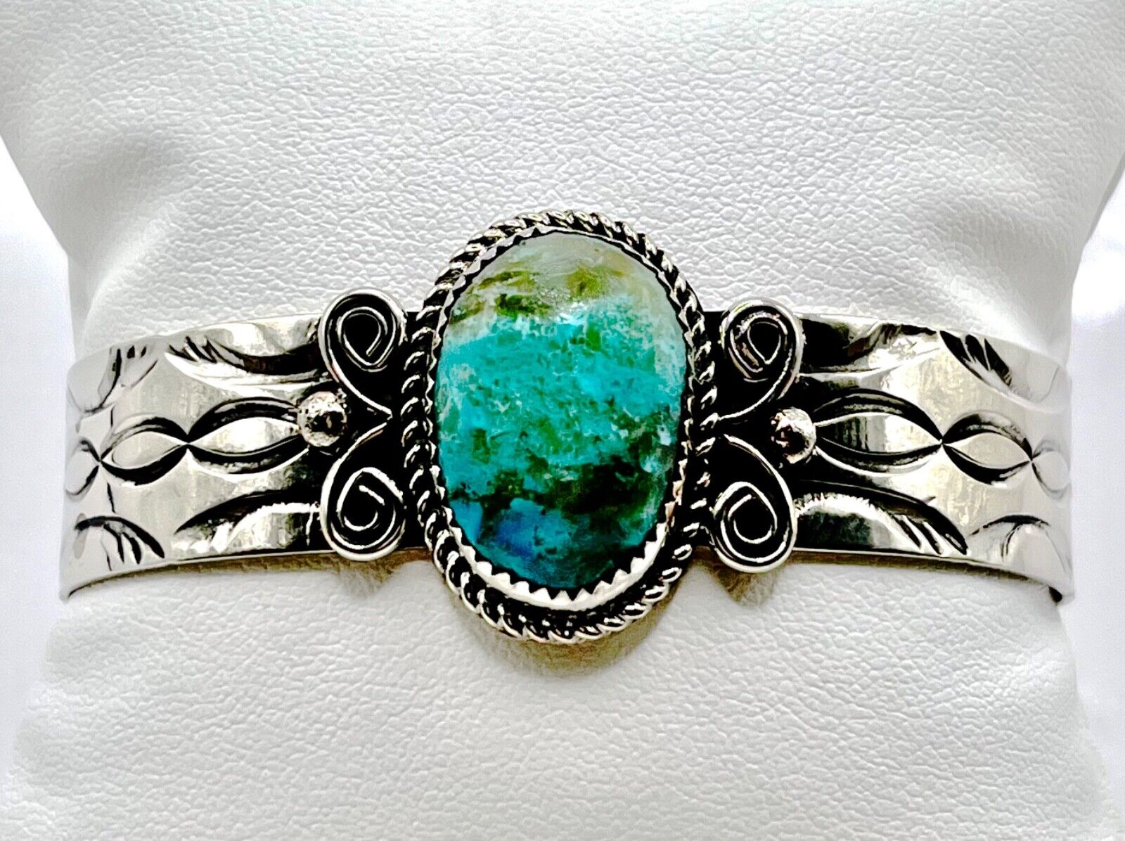 Signed Detailed Nickel Silver & Turquoise Cuff Bracelet by J. Cleveland