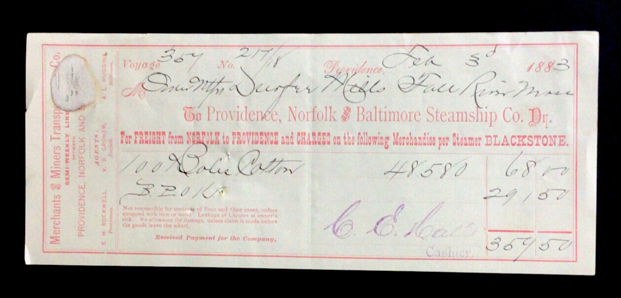 1883 Providence Norfolk & Baltimore Steamship Co Billhead Document #b11