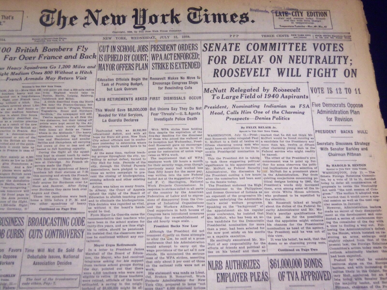 1939 JULY 12 NEW YORK TIMES - DELAY ON NEUTRALITY VOTED - NT 3676