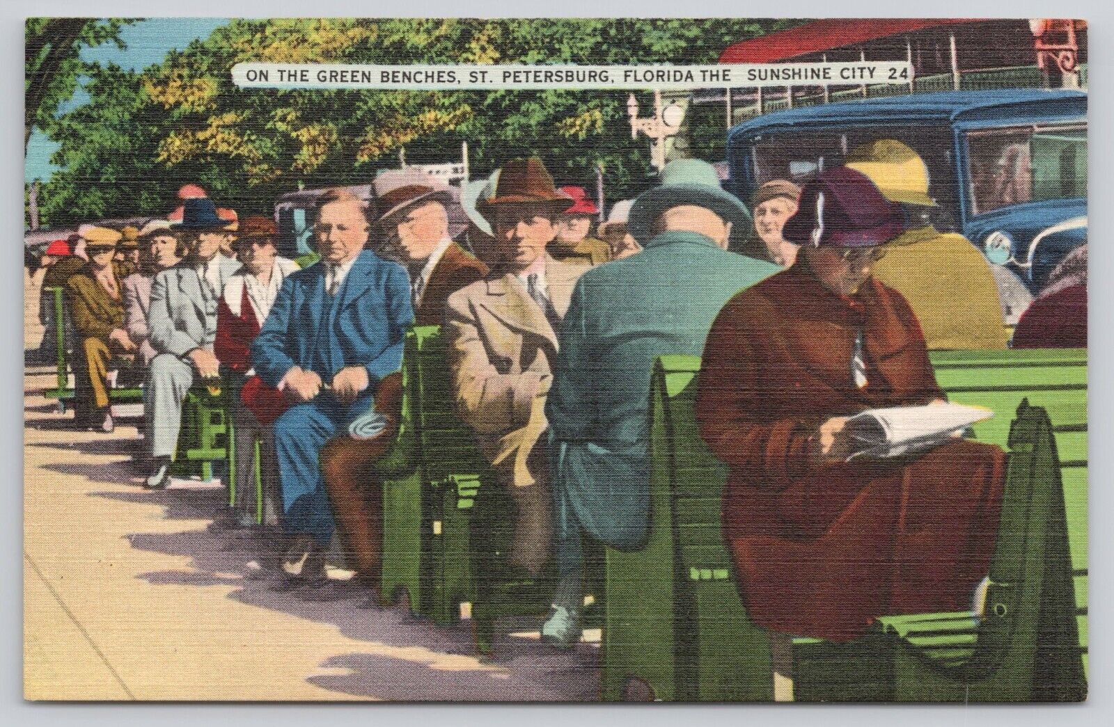 St Petersburg Florida FL, People Sitting on the Famous Green Benches Postcard