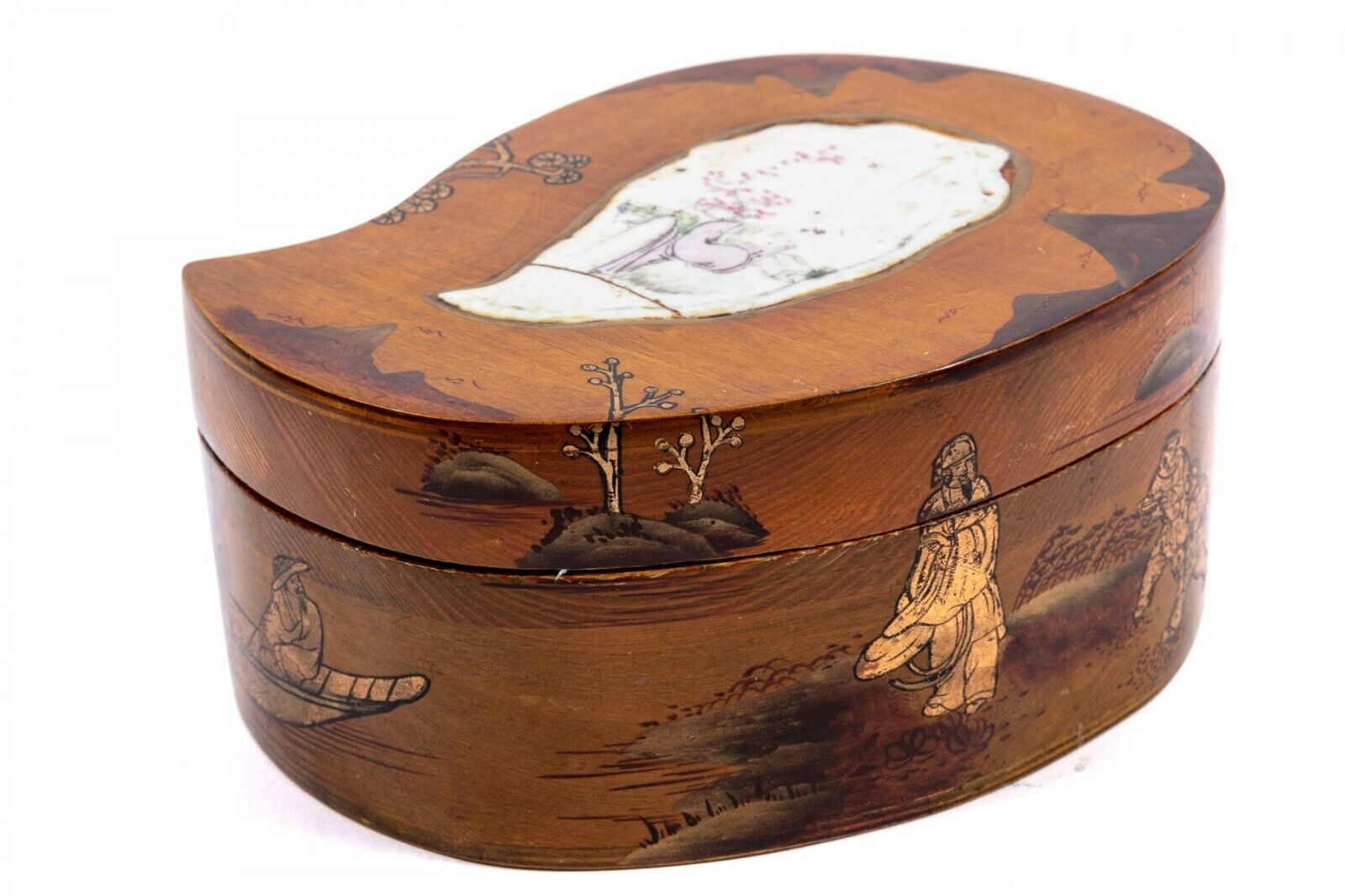 Antique Teardrop Shaped Chinese Keepsake trinket Box, Porcelain Inlay, Painted