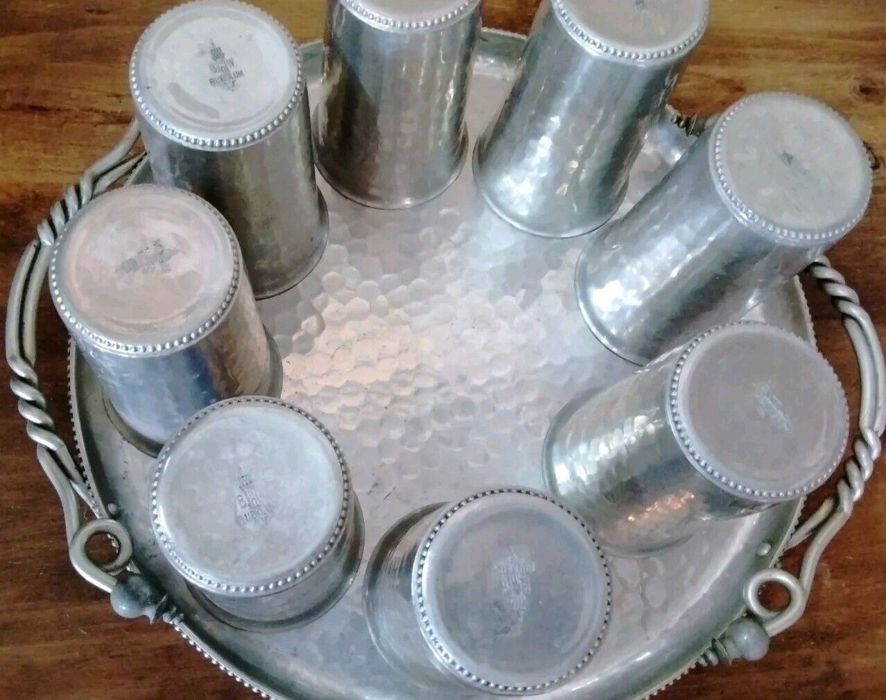 Vintage B. W. Buenilum Hammered Aluminum Tumblers Set of 8 &Handled Tray