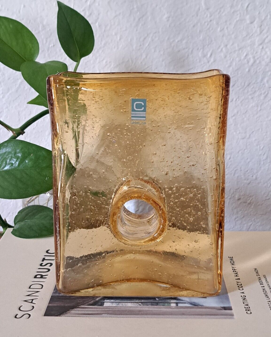 Chive CA Amber Yellow Blown Bubble Glass Rectangular Block Vase with Label