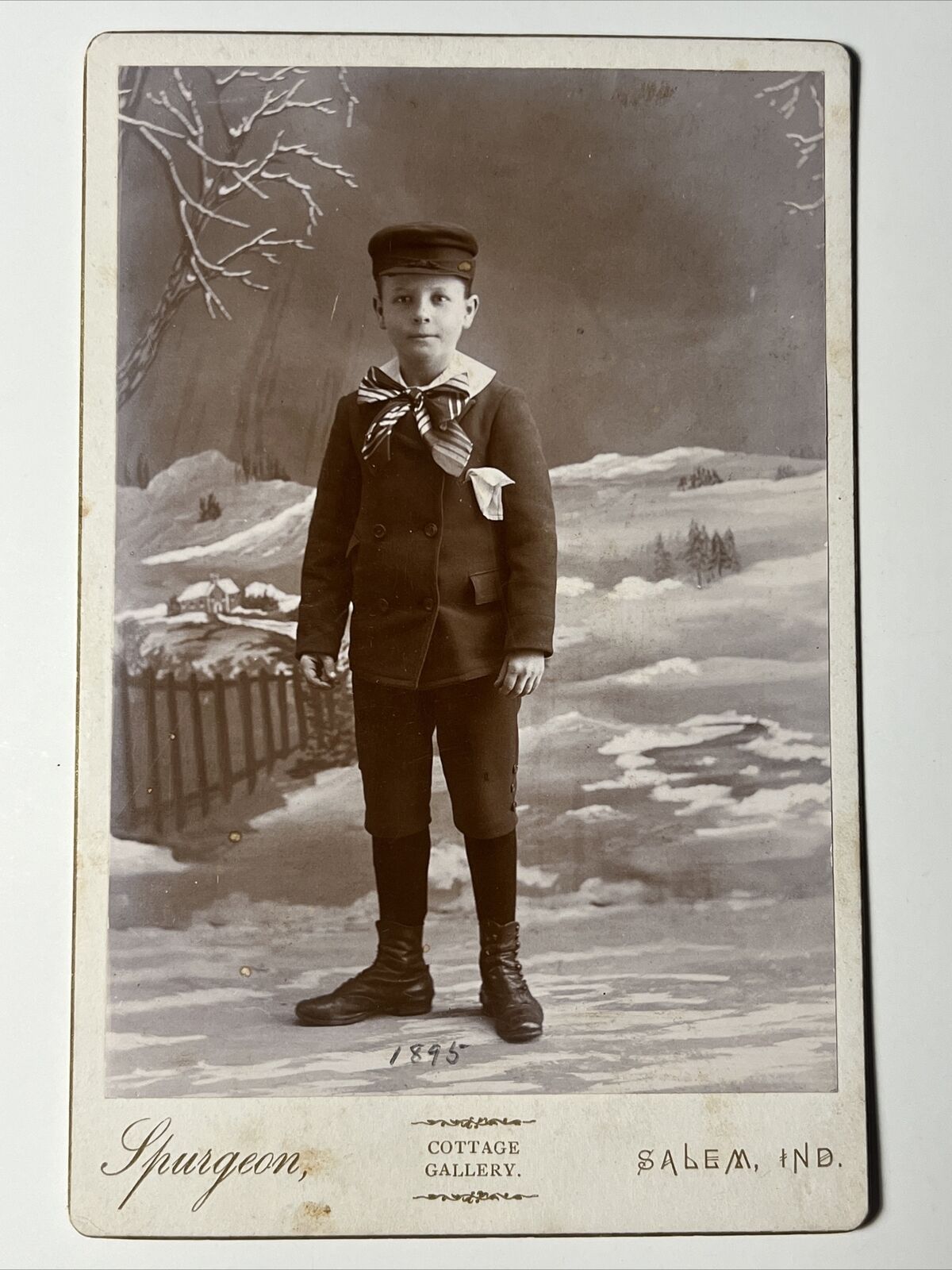 1895 SALEM INDIANA Very Clear BOY in The SNOW 1880s Cabinet Card Photo SPURGEON