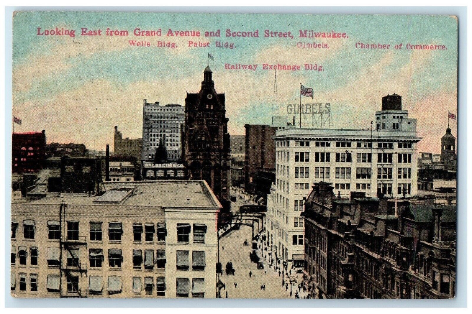 1913 Looking East Grand Avenue Second Street Bldg. Milwaukee Wisconsin Postcard