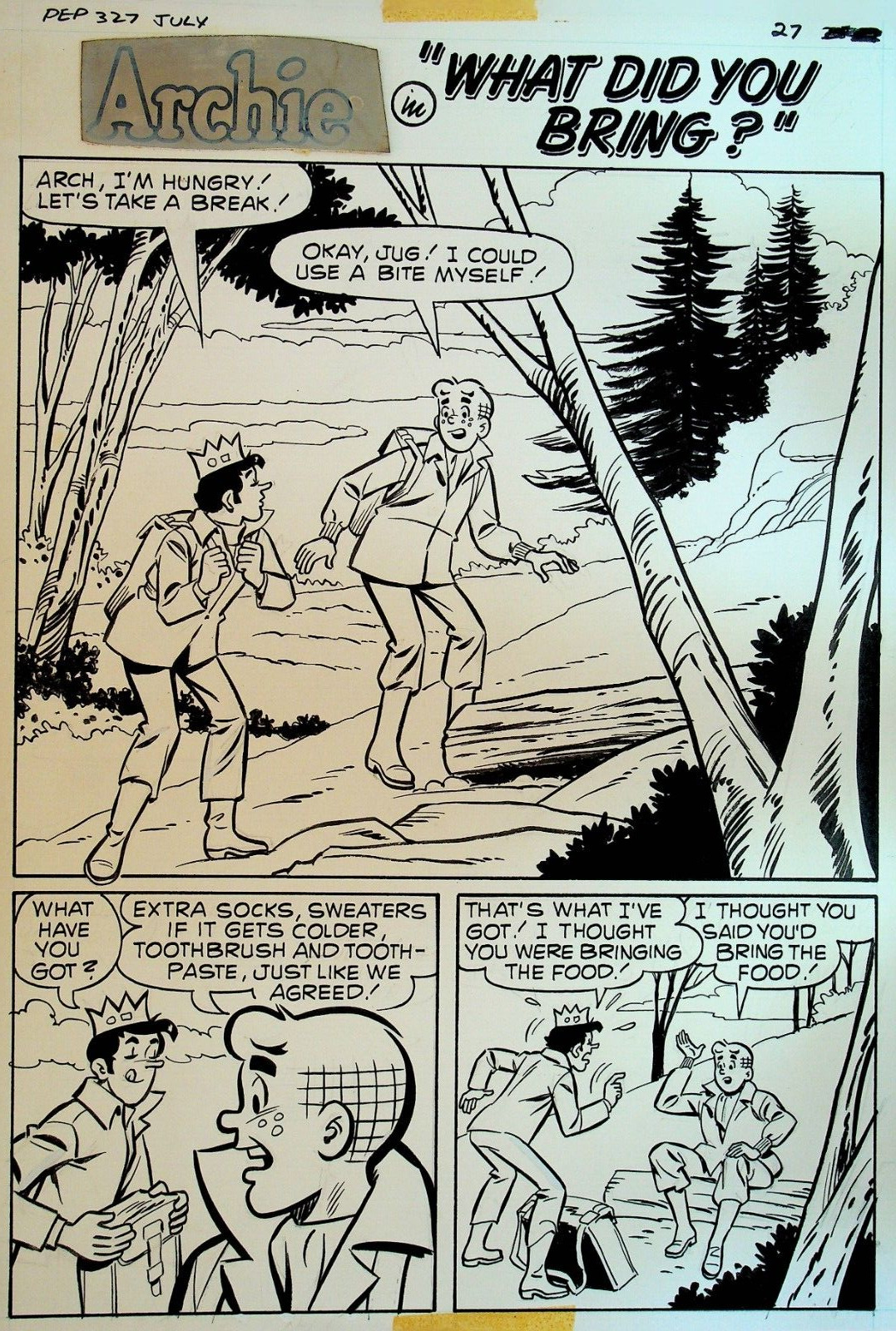 Pep 327 Original Comic Art Archie Comics Page 1 What Did You Bring Jughead 1977