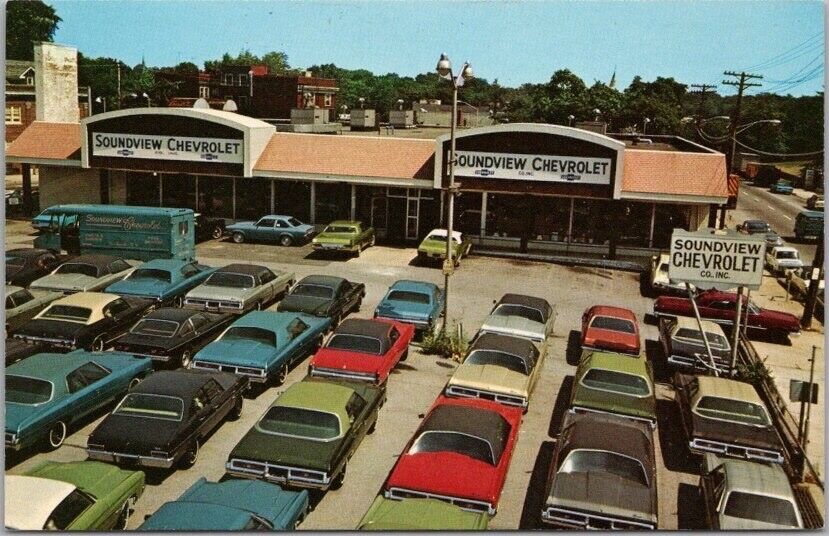 c1960s NEW ROCHELLE, New York Car Dealer Adv. Postcard SOUNDVIEW CHEVROLET Cars