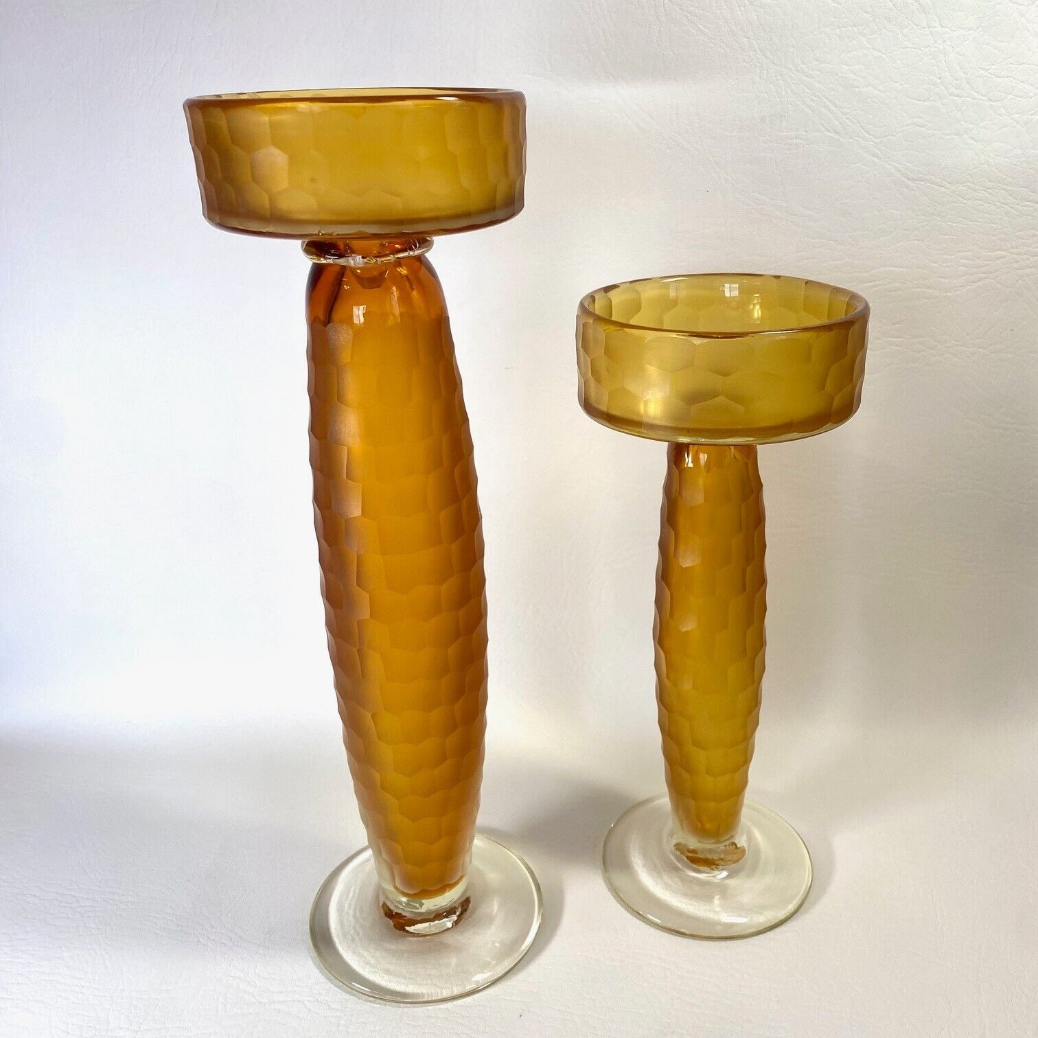 TWO Vintage Battuto Honey Amber Pillar Candle Holders MCM Murano Venini Scarpa