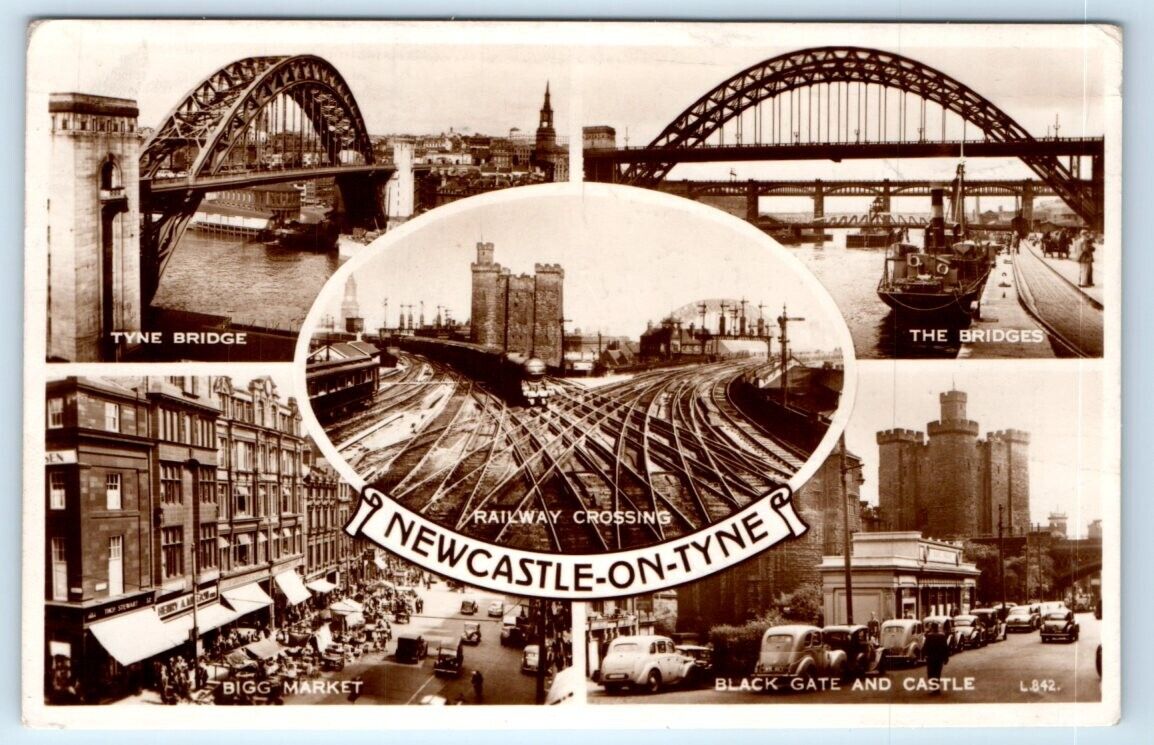 RPPC Newcastle-on-Tyne multiview railway crossing Bigg Market UK 1956 Postcard